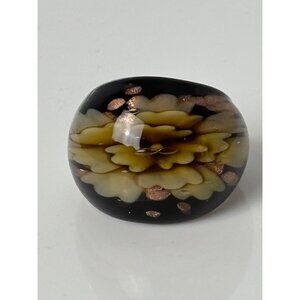 Murano Glass Floral Statement Ring With Yellow Flower & Gold Tone Flake Accents
